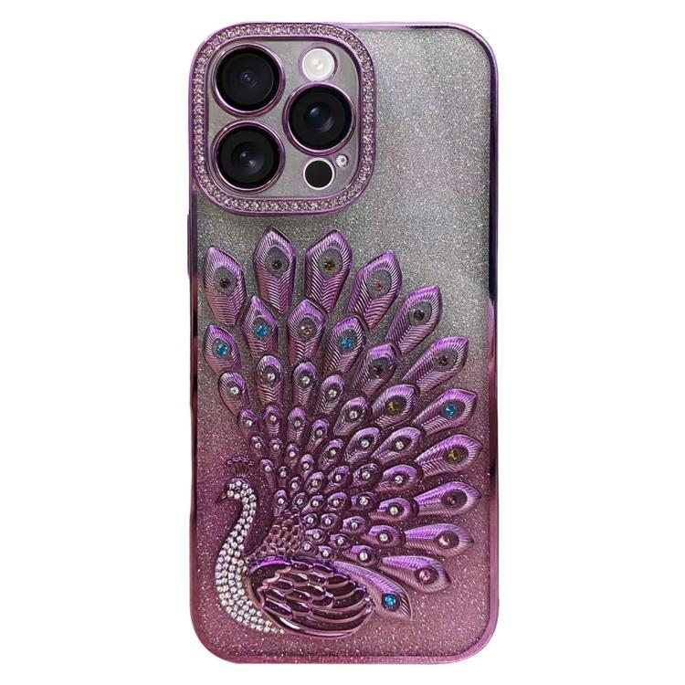 電気めっき TPU クジャク浮彫り ラインストーン グリッター電話ケース レンズフィルム付き、iPhone 17 Pro Max用、iPhone 17 Pro用、iPhone 17用、iPhone 16 Pro Max用、iPhone 16 Pro用、iPhone 16 Plus用、iPhone 16用、iPhone 15 Pro Max用