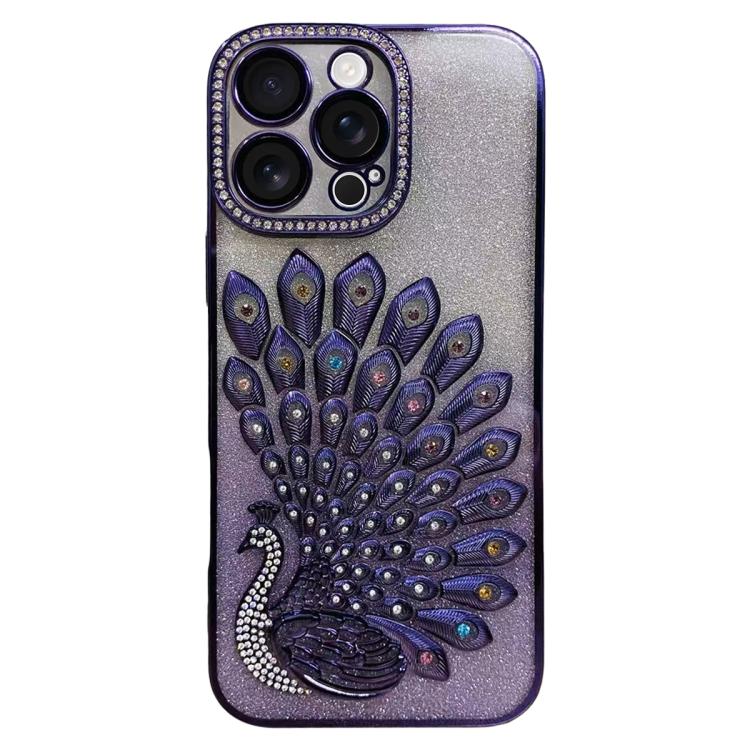 電気めっき TPU クジャク浮彫り ラインストーン グリッター電話ケース レンズフィルム付き、iPhone 17 Pro Max用、iPhone 17 Pro用、iPhone 17用、iPhone 16 Pro Max用、iPhone 16 Pro用、iPhone 16 Plus用、iPhone 16用、iPhone 15 Pro Max用