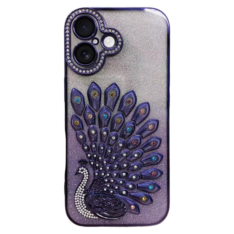 電気めっき TPU クジャク浮彫り ラインストーン グリッター電話ケース レンズフィルム付き、iPhone 17 Pro Max用、iPhone 17 Pro用、iPhone 17用、iPhone 16 Pro Max用、iPhone 16 Pro用、iPhone 16 Plus用、iPhone 16用、iPhone 15 Pro Max用