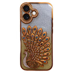 電気めっき TPU クジャク浮彫り ラインストーン グリッター電話ケース レンズフィルム付き、iPhone 17 Pro Max用、iPhone 17 Pro用、iPhone 17用、iPhone 16 Pro Max用、iPhone 16 Pro用、iPhone 16 Plus用、iPhone 16用、iPhone 15 Pro Max用