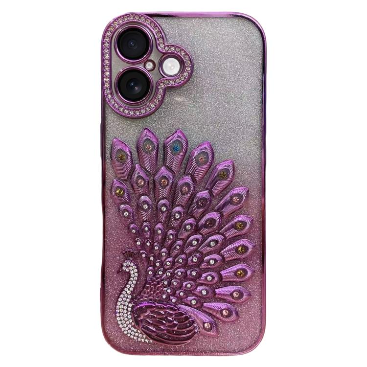 電気めっき TPU クジャク浮彫り ラインストーン グリッター電話ケース レンズフィルム付き、iPhone 17 Pro Max用、iPhone 17 Pro用、iPhone 17用、iPhone 16 Pro Max用、iPhone 16 Pro用、iPhone 16 Plus用、iPhone 16用、iPhone 15 Pro Max用