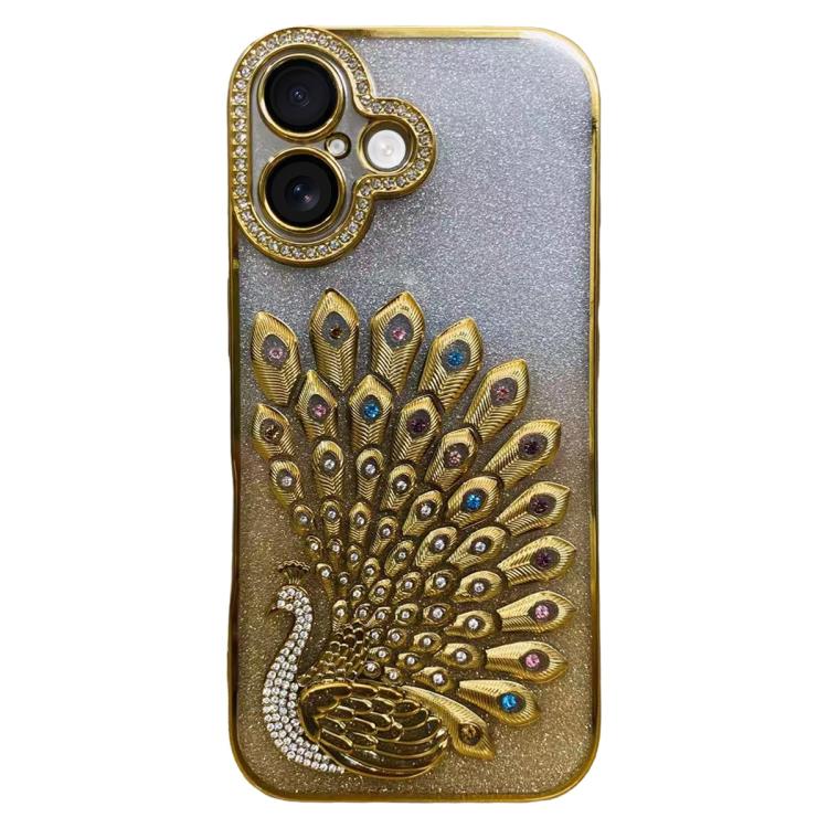電気めっき TPU クジャク浮彫り ラインストーン グリッター電話ケース レンズフィルム付き、iPhone 17 Pro Max用、iPhone 17 Pro用、iPhone 17用、iPhone 16 Pro Max用、iPhone 16 Pro用、iPhone 16 Plus用、iPhone 16用、iPhone 15 Pro Max用
