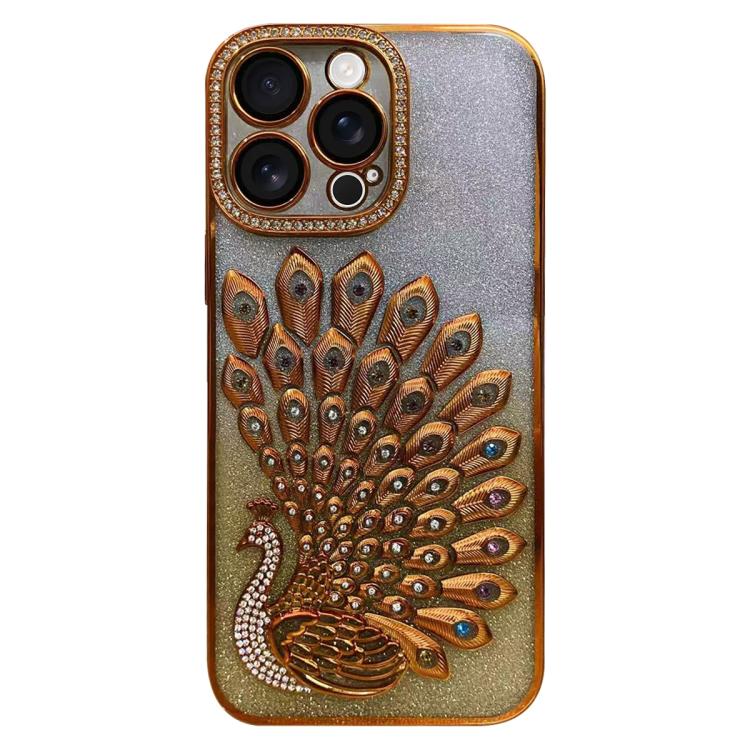 電気めっき TPU クジャク浮彫り ラインストーン グリッター電話ケース レンズフィルム付き、iPhone 17 Pro Max用、iPhone 17 Pro用、iPhone 17用、iPhone 16 Pro Max用、iPhone 16 Pro用、iPhone 16 Plus用、iPhone 16用、iPhone 15 Pro Max用