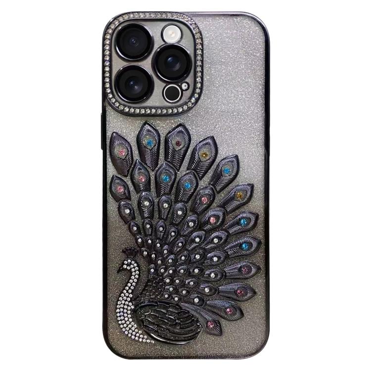 電気めっき TPU クジャク浮彫り ラインストーン グリッター電話ケース レンズフィルム付き、iPhone 17 Pro Max用、iPhone 17 Pro用、iPhone 17用、iPhone 16 Pro Max用、iPhone 16 Pro用、iPhone 16 Plus用、iPhone 16用、iPhone 15 Pro Max用