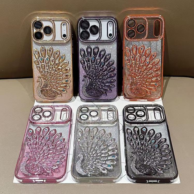 電気めっき TPU クジャク浮彫り ラインストーン グリッター電話ケース レンズフィルム付き、iPhone 17 Pro Max用、iPhone 17 Pro用、iPhone 17用、iPhone 16 Pro Max用、iPhone 16 Pro用、iPhone 16 Plus用、iPhone 16用、iPhone 15 Pro Max用