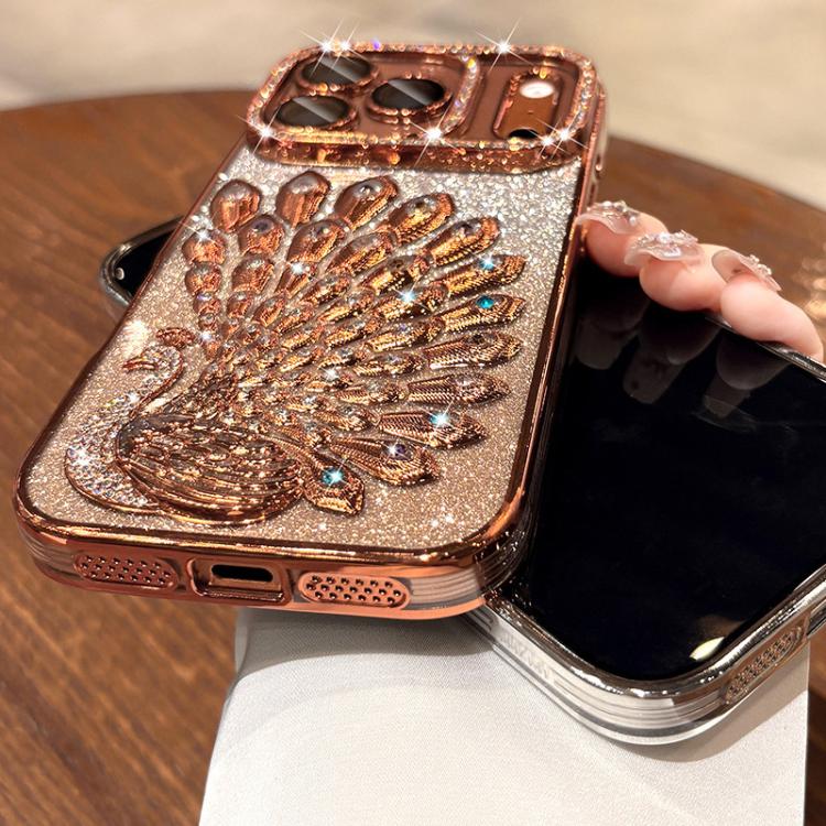 電気めっき TPU クジャク浮彫り ラインストーン グリッター電話ケース レンズフィルム付き、iPhone 17 Pro Max用、iPhone 17 Pro用、iPhone 17用、iPhone 16 Pro Max用、iPhone 16 Pro用、iPhone 16 Plus用、iPhone 16用、iPhone 15 Pro Max用