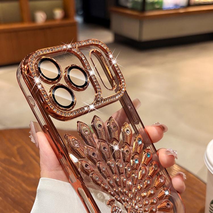 電気めっき TPU クジャク浮彫り ラインストーン グリッター電話ケース レンズフィルム付き、iPhone 11用