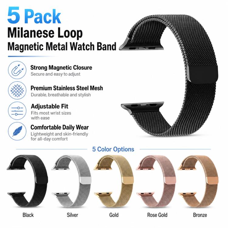 5個セット xDfind ミラネーゼループ 磁気メタルウォッチバンド、Apple Watch 42 / 44 / 45 / 46 / 49mm用、Apple Watch 38 / 40 / 41 / S11 42mm用