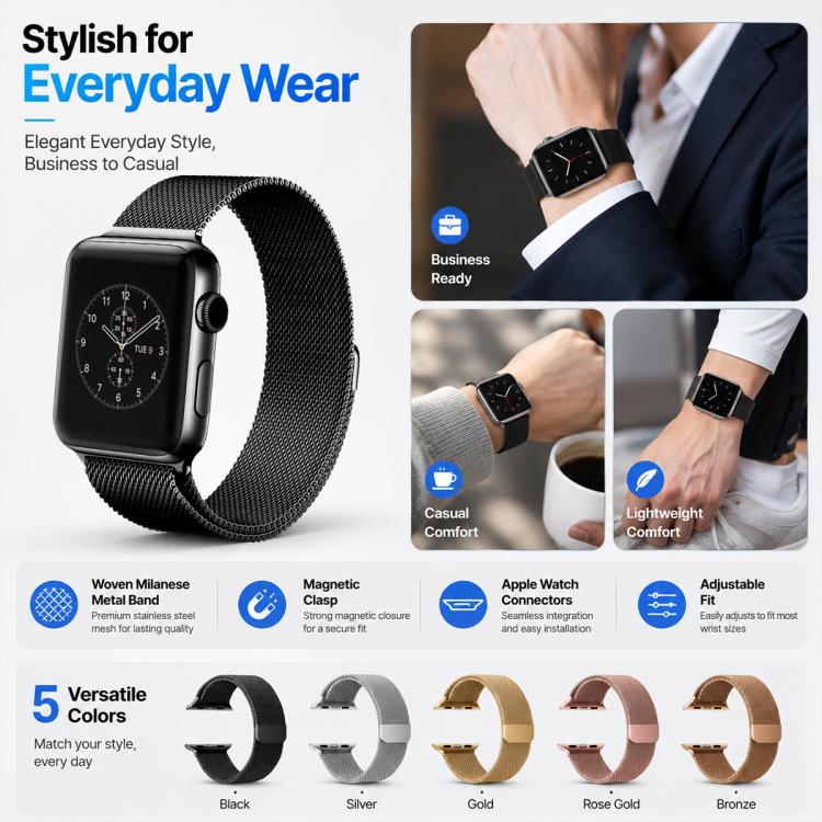 5個セット xDfind ミラネーゼループ 磁気メタルウォッチバンド、Apple Watch 42 / 44 / 45 / 46 / 49mm用、Apple Watch 38 / 40 / 41 / S11 42mm用