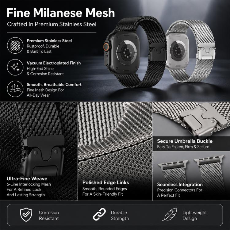 5個セット xDfind 傘バックル ミラネーゼ＋バタフライバックル ミックスウォッチバンド、Apple Watch 42 / 44 / 45 / 46 / 49mm用、Apple Watch 38 / 40 / 41 / S11 42mm用
