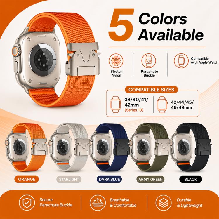 5個セット xDfind パラシュートバックル ストレッチナイロンウォッチバンド、Apple Watch 42 / 44 / 45 / 46 / 49mm用、Apple Watch 38 / 40 / 41 / S11 42mm用