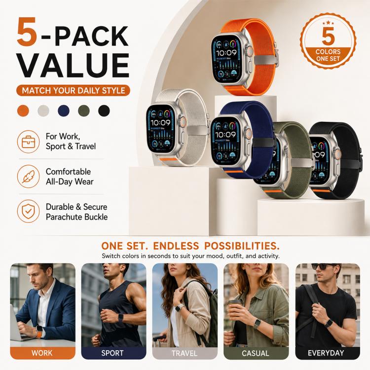 5個セット xDfind パラシュートバックル ストレッチナイロンウォッチバンド、Apple Watch 42 / 44 / 45 / 46 / 49mm用、Apple Watch 38 / 40 / 41 / S11 42mm用
