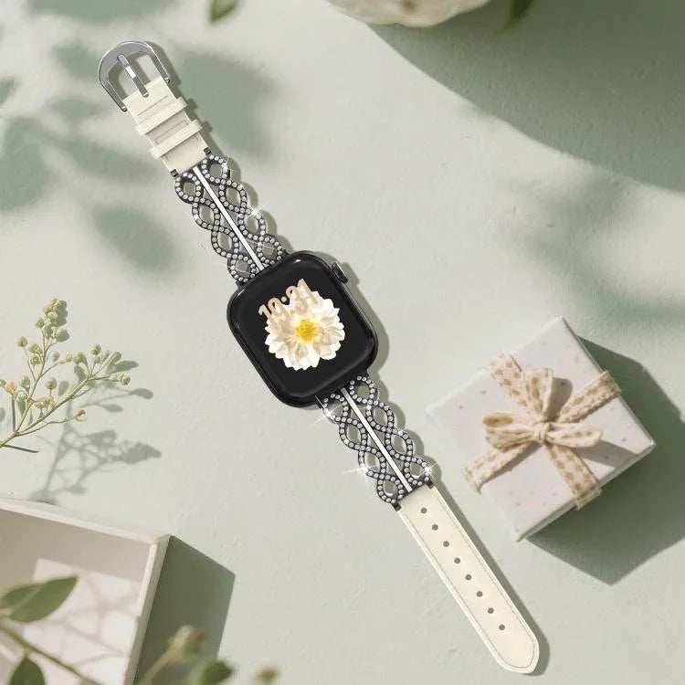 xDfind ダイヤモンド ステンレススチール ハイブリッド本革ウォッチバンド、Apple Watch 38 / 40 / 41 / S11 42mm用