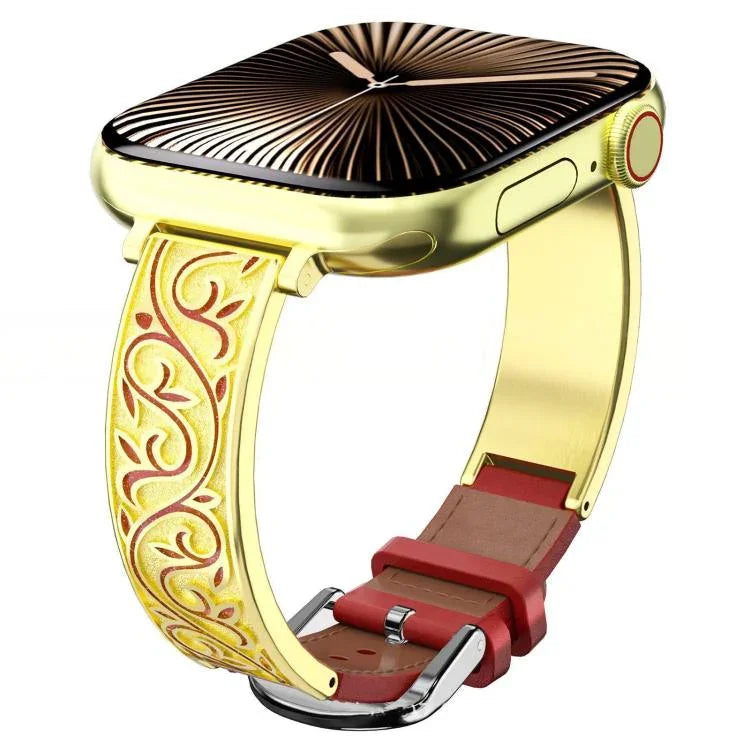 xDfind レトロフローラル彫刻 ステンレススチール ハイブリッド本革ウォッチバンド、Apple Watch 38 / 40 / 41 / S11 42mm用