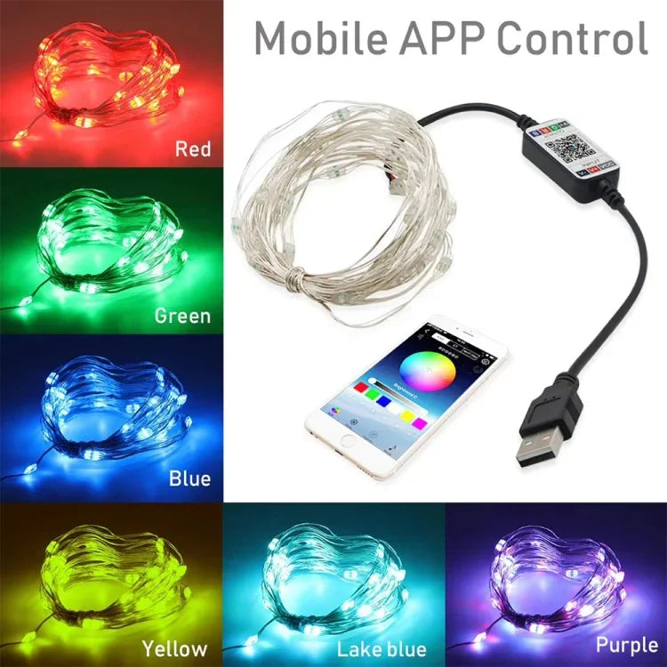RGB USB LED銅線ライトストリング ホリデーデコレーションライトストリング BluetoothモバイルAPPコントロール、2m 20LED、5m 50LED、10m 100LED、12m 120LED、15m 150LED、20m 200LED