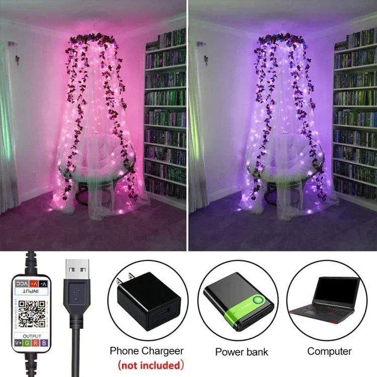 RGB USB LED銅線ライトストリング ホリデーデコレーションライトストリング BluetoothモバイルAPPコントロール、2m 20LED、5m 50LED、10m 100LED、12m 120LED、15m 150LED、20m 200LED