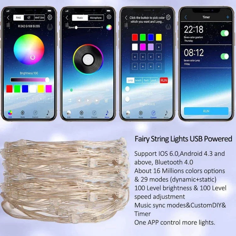 RGB USB LED銅線ライトストリング ホリデーデコレーションライトストリング BluetoothモバイルAPPコントロール、2m 20LED、5m 50LED、10m 100LED、12m 120LED、15m 150LED、20m 200LED
