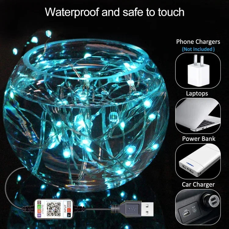 RGB USB LED銅線ライトストリング ホリデーデコレーションライトストリング BluetoothモバイルAPPコントロール、2m 20LED、5m 50LED、10m 100LED、12m 120LED、15m 150LED、20m 200LED