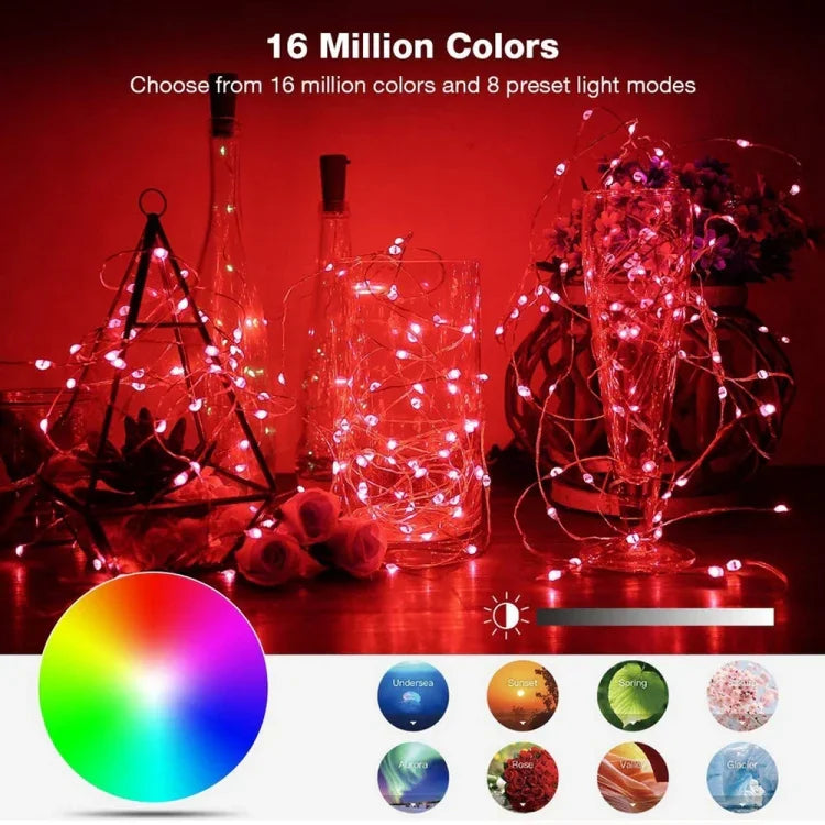 RGB USB LED銅線ライトストリング ホリデーデコレーションライトストリング BluetoothモバイルAPPコントロール、2m 20LED、5m 50LED、10m 100LED、12m 120LED、15m 150LED、20m 200LED