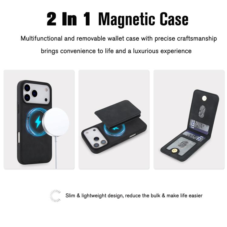 YM030 レトロフェイクレザー 磁気着脱式ウォレット型スマホケース、iPhone 17 Pro Max用、iPhone 17 Pro用
