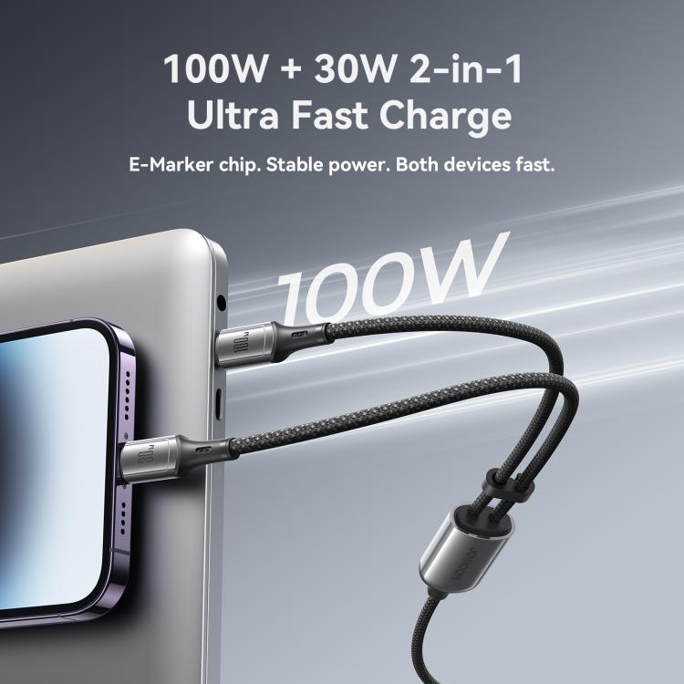 JOYROOM S-A57 RapidXシリーズ 100W 2-in-1 USB-C / Type-C から USB-C / Type-C、8ピン 高速充電データケーブル、1.5m