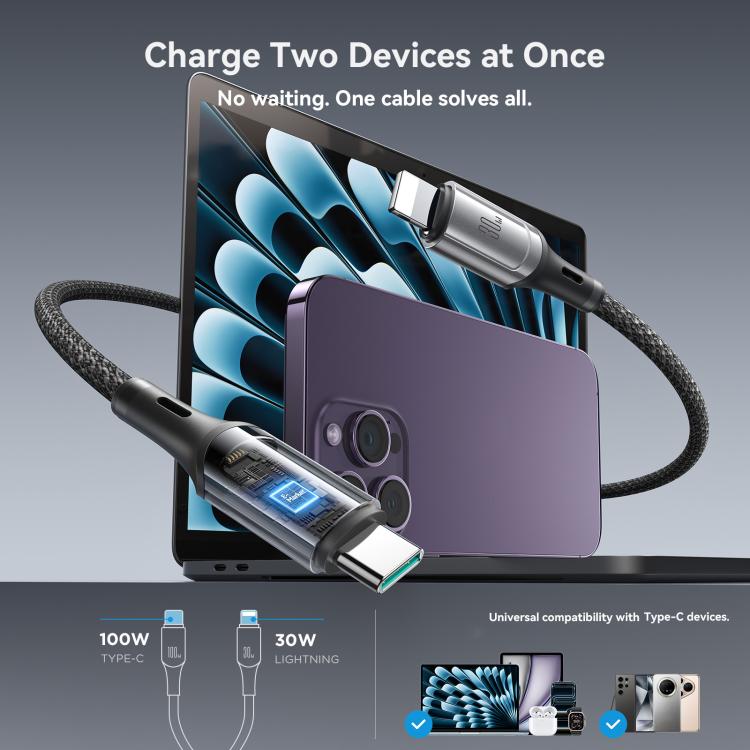 JOYROOM S-A57 RapidXシリーズ 100W 2-in-1 USB-C / Type-C から USB-C / Type-C、8ピン 高速充電データケーブル、1.5m