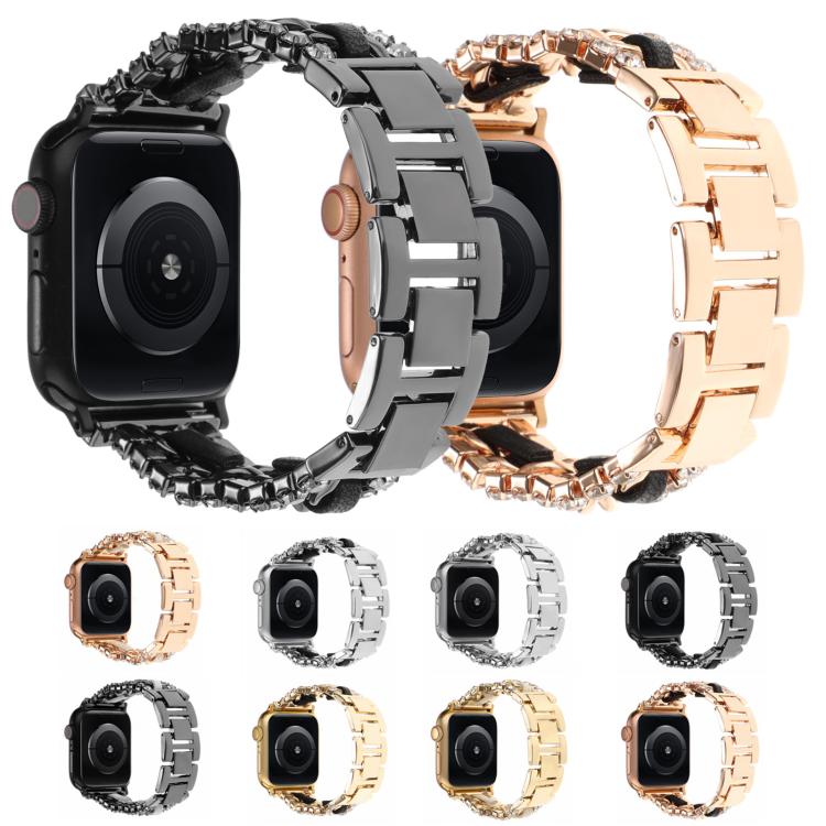 ダイヤモンドヴィーガンレザーメタルウォッチバンド、Apple Watch 46mm / 49mm / 45mm / 44mm 用、Apple Watch 42mm / 41mm / 40mm / 38mm 用