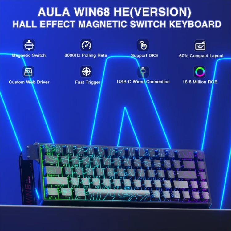 AULA WIN68HE スタンダードバージョン 68キー RGB 有線キーボード、WIN68HE ブラック 輪郭線 グレー ウッド 磁気軸