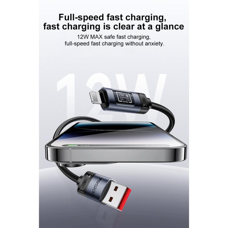 Yesido CA138L 12W 2.4A USB to 8ピン OLEDディスプレイ付き充電データケーブル、USB to 8ピン