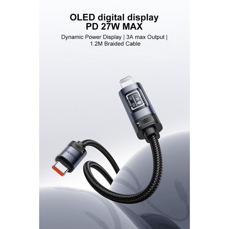 Yesido CA201 27W Type-C から 8ピン OLEDディスプレイ充電データケーブル、Type-C から 8ピン