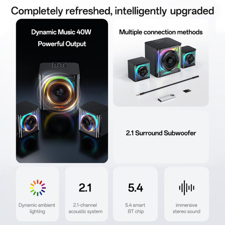 Yesido YSW41 40W 2.1チャンネルシステム カラフルRGB Bluetoothスピーカー サブウーファー、YSW41