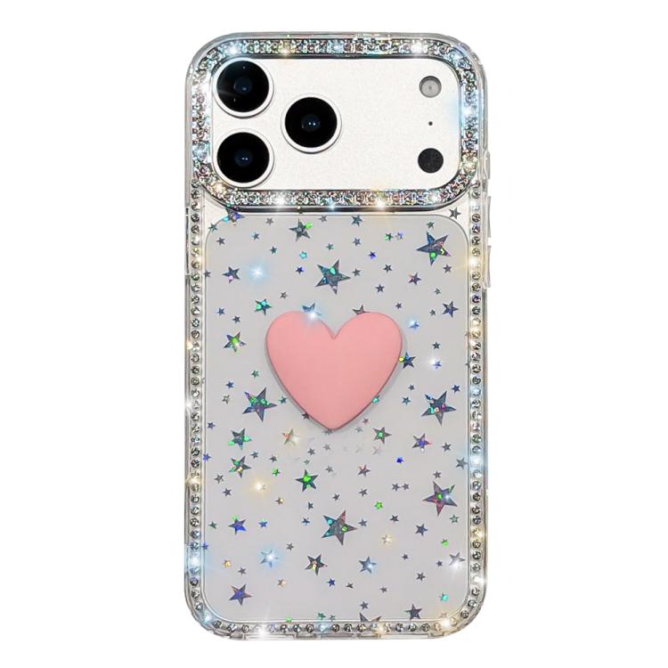 フラッシュラインストーン両面IMDラブハートiPhoneケース、iPhone 17e / 16e用、iPhone 17 Pro Max用、iPhone 17 Pro用、iPhone 17用、iPhone Air用