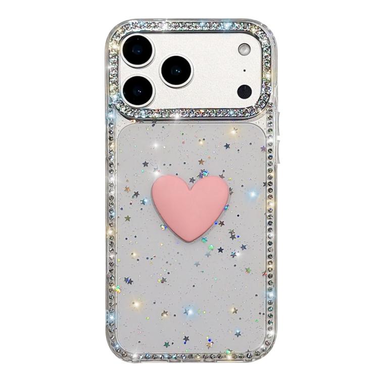 フラッシュラインストーン両面IMDラブハートiPhoneケース、iPhone 17e / 16e用、iPhone 17 Pro Max用、iPhone 17 Pro用、iPhone 17用、iPhone Air用