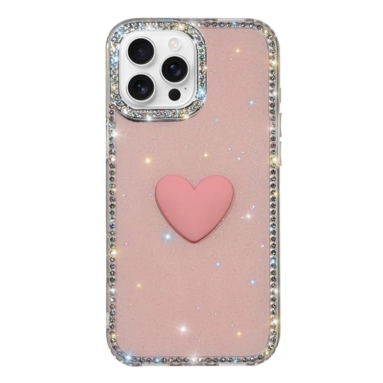 フラッシュラインストーン両面IMDラブハートiPhoneケース、iPhone 16 Pro Max用、iPhone 16 Pro用、iPhone 16 Plus用、iPhone 16用、iPhone 15 Pro Max用