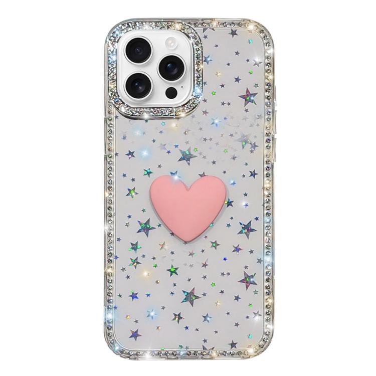 フラッシュラインストーン両面IMDラブハートiPhoneケース、iPhone 16 Pro Max用、iPhone 16 Pro用、iPhone 16 Plus用、iPhone 16用、iPhone 15 Pro Max用