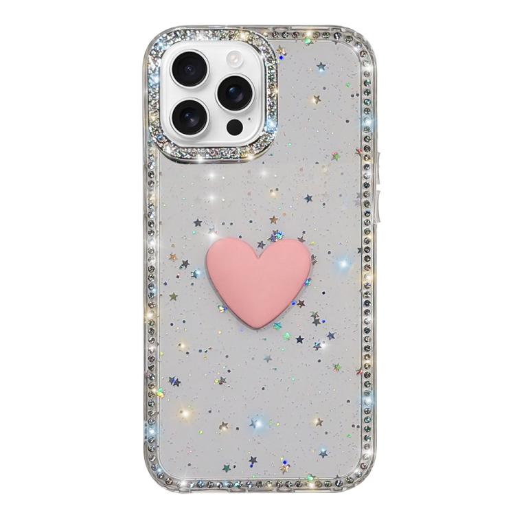 フラッシュラインストーン両面IMDラブハートiPhoneケース、iPhone 16 Pro Max用、iPhone 16 Pro用、iPhone 16 Plus用、iPhone 16用、iPhone 15 Pro Max用