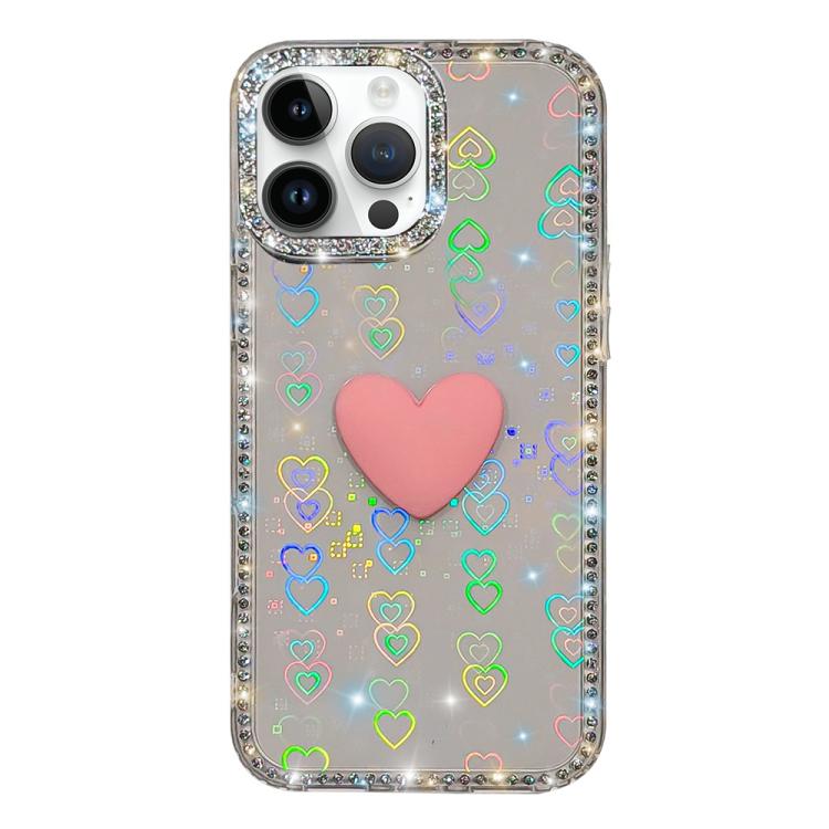フラッシュラインストーン両面IMDラブハートiPhoneケース、iPhone 16 Pro Max用、iPhone 16 Pro用、iPhone 16 Plus用、iPhone 16用、iPhone 15 Pro Max用