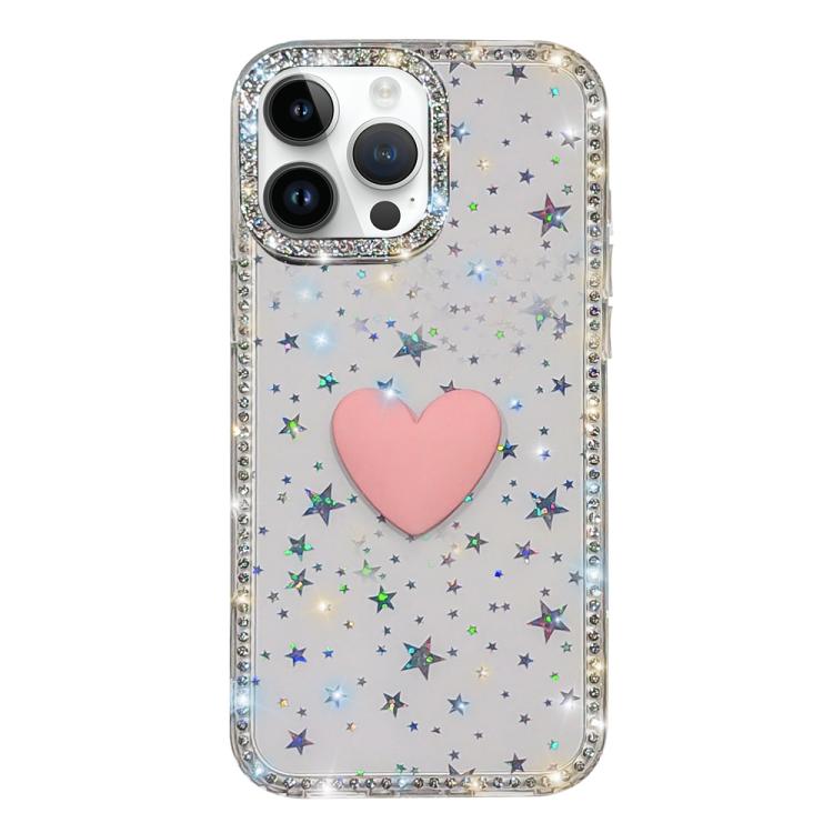 フラッシュラインストーン両面IMDラブハートiPhoneケース、iPhone 16 Pro Max用、iPhone 16 Pro用、iPhone 16 Plus用、iPhone 16用、iPhone 15 Pro Max用