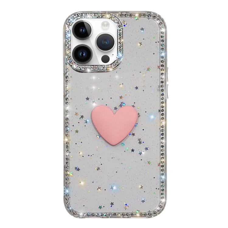 フラッシュラインストーン両面IMDラブハートiPhoneケース、iPhone 16 Pro Max用、iPhone 16 Pro用、iPhone 16 Plus用、iPhone 16用、iPhone 15 Pro Max用