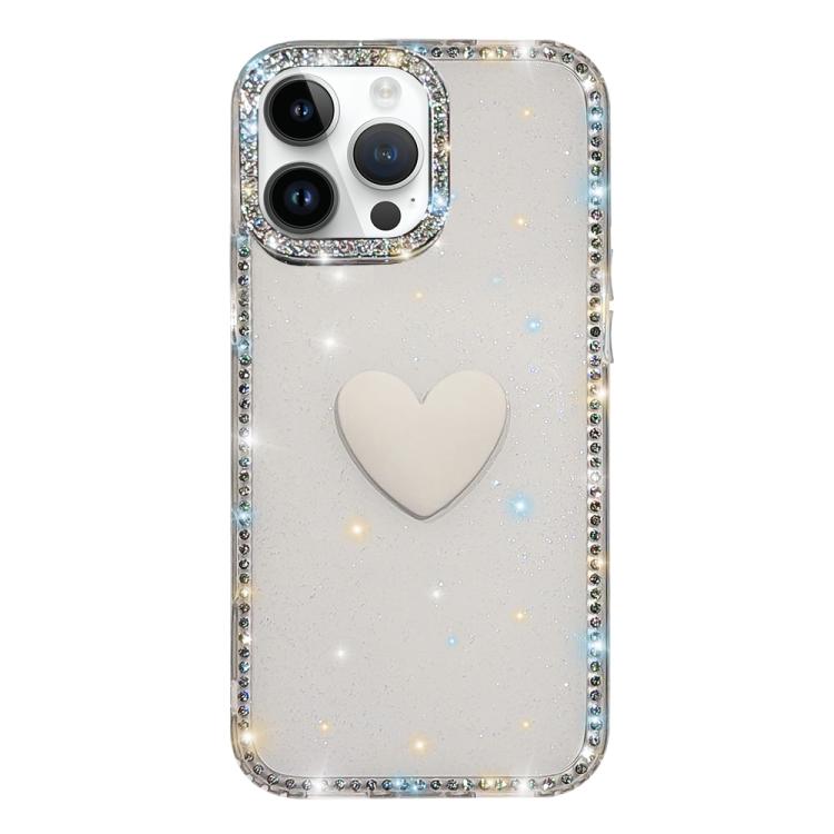 フラッシュラインストーン両面IMDラブハートiPhoneケース、iPhone 16 Pro Max用、iPhone 16 Pro用、iPhone 16 Plus用、iPhone 16用、iPhone 15 Pro Max用