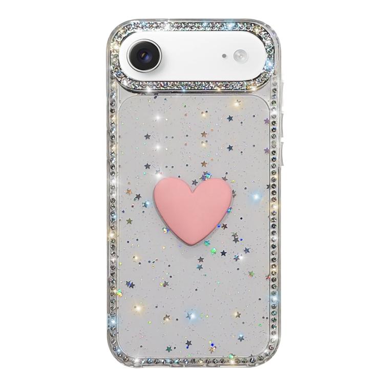 フラッシュラインストーン両面IMDラブハートiPhoneケース、iPhone 17e / 16e用、iPhone 17 Pro Max用、iPhone 17 Pro用、iPhone 17用、iPhone Air用
