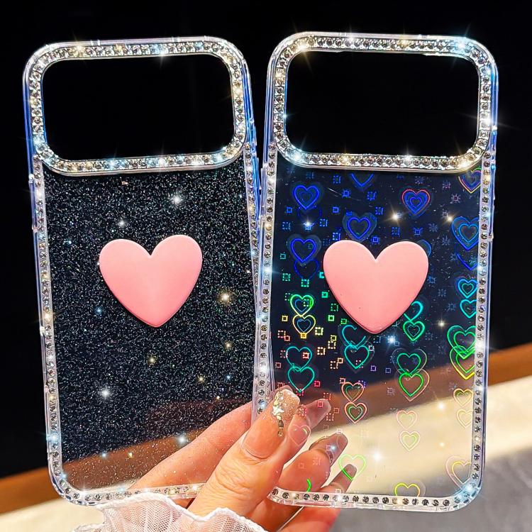 フラッシュラインストーン両面IMDラブハートiPhoneケース、iPhone 17e / 16e用、iPhone 17 Pro Max用、iPhone 17 Pro用、iPhone 17用、iPhone Air用