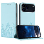 チューリップと蝶柄のマグネット式ヴィーガンレザーiPhoneケース、iPhone 17e / 16e用、iPhone 17 Pro Max用、iPhone 17 Pro用、iPhone 17用