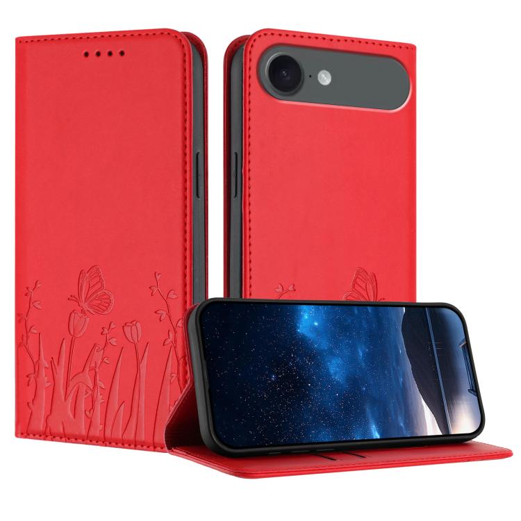 チューリップと蝶柄のマグネット式ヴィーガンレザーiPhoneケース、iPhone Air用、iPhone 16 Pro Max用、iPhone 16 Pro用、iPhone 16 Plus用