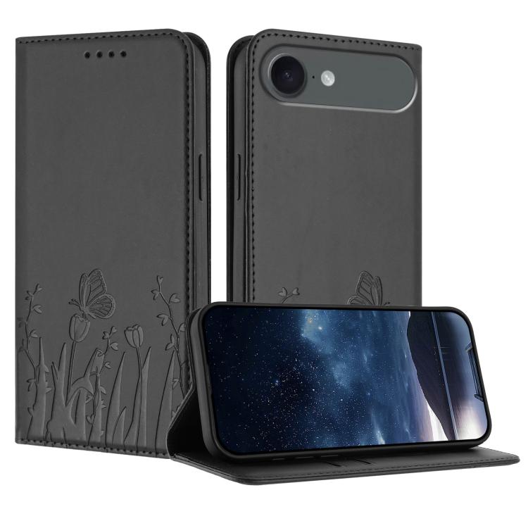 チューリップと蝶柄のマグネット式ヴィーガンレザーiPhoneケース、iPhone Air用、iPhone 16 Pro Max用、iPhone 16 Pro用、iPhone 16 Plus用