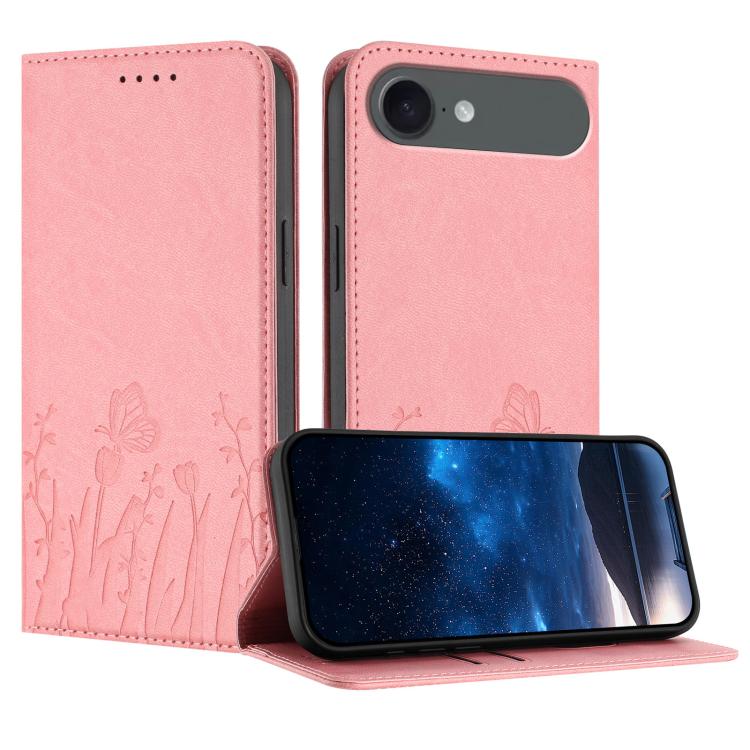 チューリップと蝶柄のマグネット式ヴィーガンレザーiPhoneケース、iPhone Air用、iPhone 16 Pro Max用、iPhone 16 Pro用、iPhone 16 Plus用