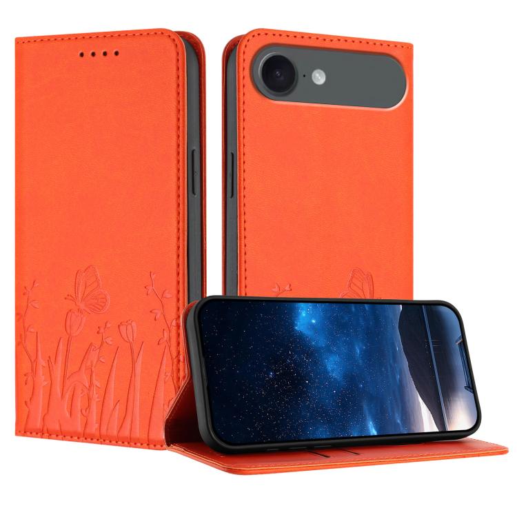 チューリップと蝶柄のマグネット式ヴィーガンレザーiPhoneケース、iPhone Air用、iPhone 16 Pro Max用、iPhone 16 Pro用、iPhone 16 Plus用