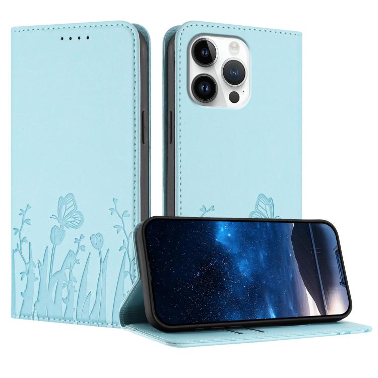 チューリップと蝶柄のマグネット式ヴィーガンレザーiPhoneケース、iPhone Air用、iPhone 16 Pro Max用、iPhone 16 Pro用、iPhone 16 Plus用