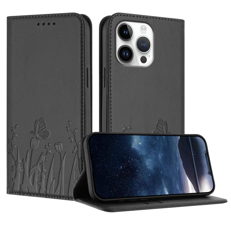 チューリップと蝶柄のマグネット式ヴィーガンレザーiPhoneケース、iPhone Air用、iPhone 16 Pro Max用、iPhone 16 Pro用、iPhone 16 Plus用