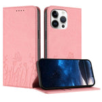 チューリップと蝶柄のマグネット式ヴィーガンレザーiPhoneケース、iPhone Air用、iPhone 16 Pro Max用、iPhone 16 Pro用、iPhone 16 Plus用